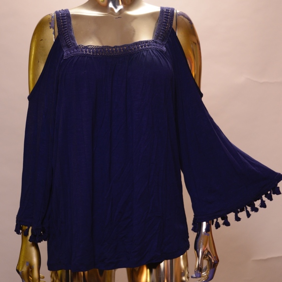 Dark blue top with cut-out shoulders, bell sleeves - Picture 6 of 6
